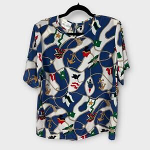 Vintage 80s Novelty Coastal Preppy Scarf Print Boxy Blouse Career Size 16 White